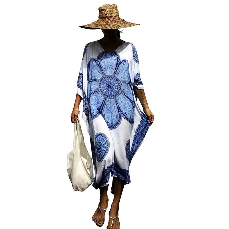 Rochie-acoperitoare de plajă din viscoză, imprimeu, croială lejeră, 220 g/m², protecție solară