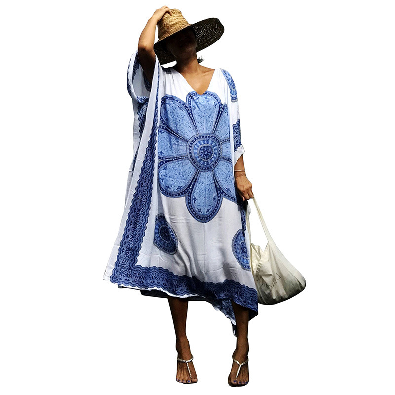 Rochie-acoperitoare de plajă din viscoză, imprimeu, croială lejeră, 220 g/m², protecție solară