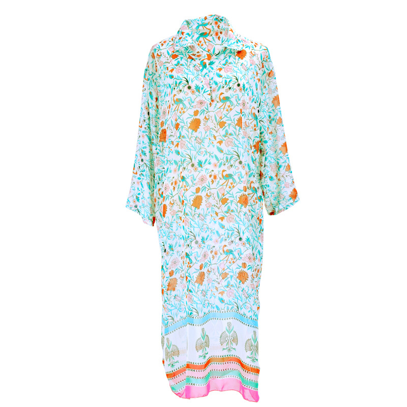 Rochie lungă din chiffon cu guler cambrat, croială lejeră; ideală ca rochie de plajă și protecție solară, ca acoperitoare pentru bikini în vacanțe. Brand: xanyee/cicada Yi; Material: chiffon; Compoziție: poliester; GSM: 150