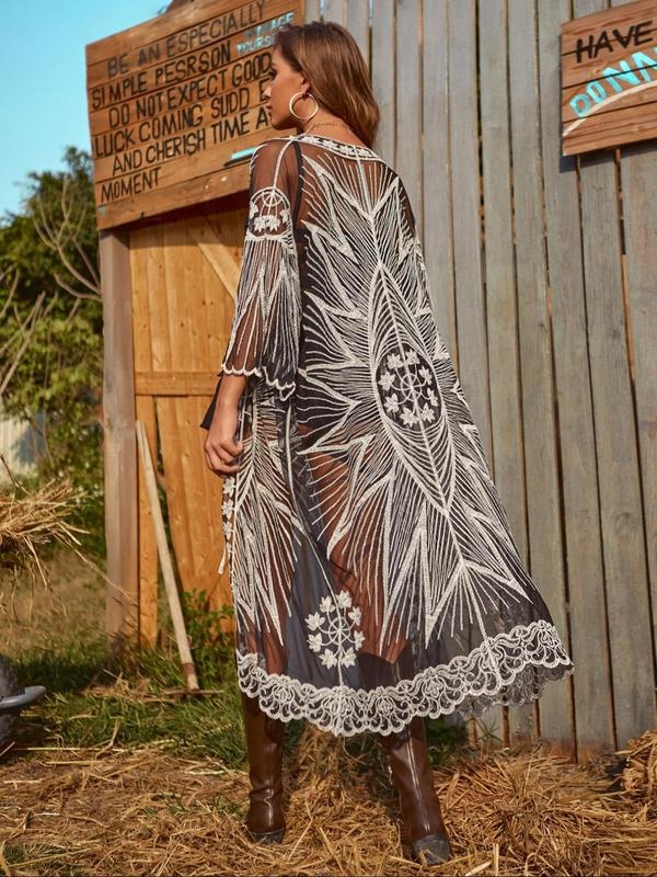 A4654 Pareu de plajă pentru femei cu broderie de frunze, poliester, protecție solară