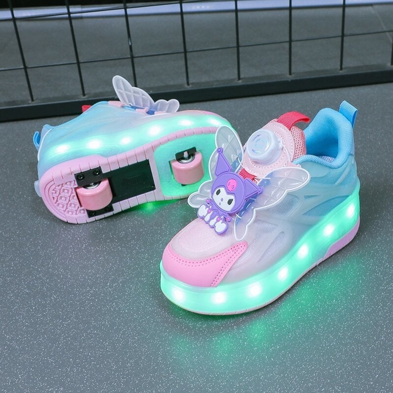 Lányok Heelys görkorcsolyás cipő, kettős kerékkel és fényekkel, 2024 tavasz, felső rész hálóanyagból, kapcsos zárás, karikatúra mintázat