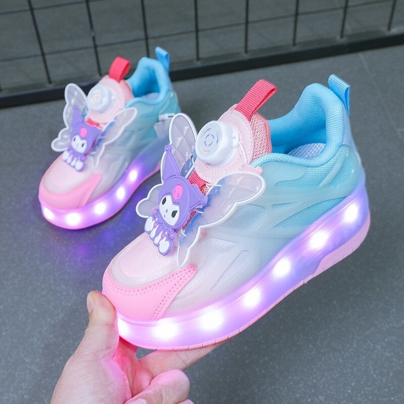 Lányok Heelys görkorcsolyás cipő, kettős kerékkel és fényekkel, 2024 tavasz, felső rész hálóanyagból, kapcsos zárás, karikatúra mintázat