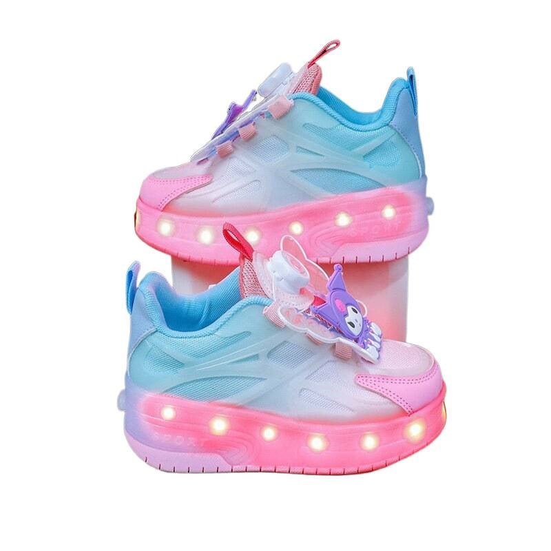 Lányok Heelys görkorcsolyás cipő, kettős kerékkel és fényekkel, 2024 tavasz, felső rész hálóanyagból, kapcsos zárás, karikatúra mintázat