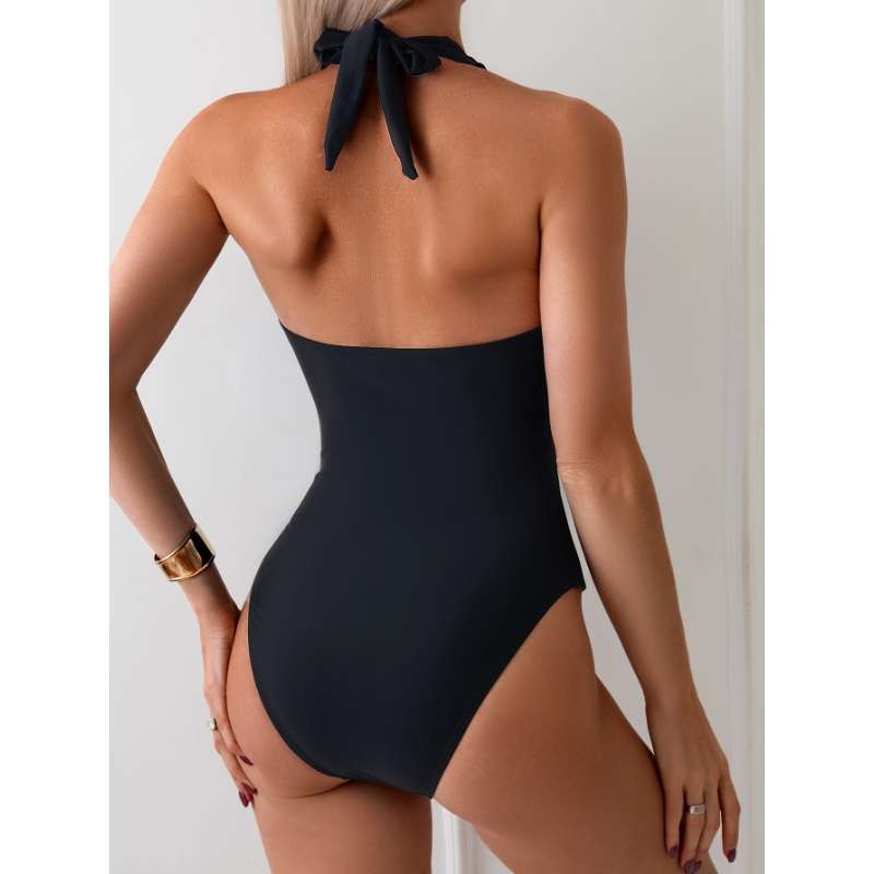 Ženski jednodijelni kupaći kostim, halter neck s dubokim V izrezom, čipkasti patchwork, najlon/poliamid 80/20, podstava od Spandexa 20%