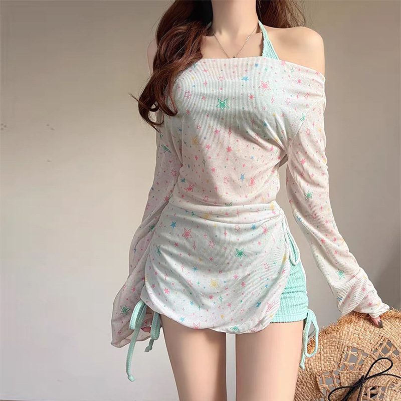 Halter-neck trodijelni kupaći kostim s printom zvijezda, Milk Silk tkanina, dugi rukavi, visoka elastičnost