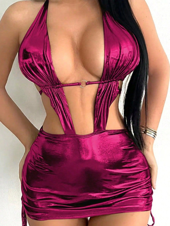 Дамски едночастен плувен костюм - еднотонен, висок талия, открит гръб, подплънка за бюста, без ръкави