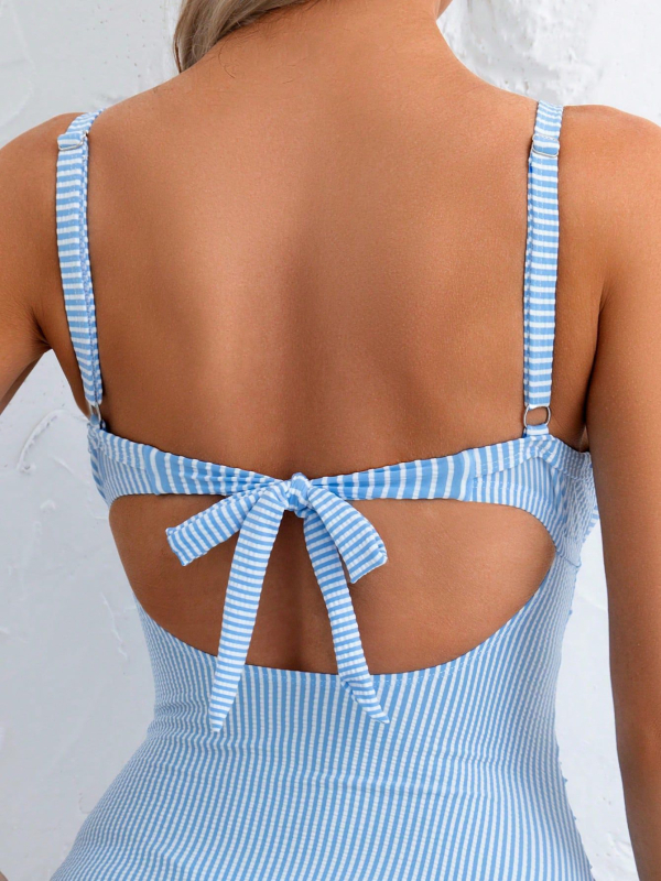 Ženski jednodijelni kupaći kostim s prugastim uzorkom, s umetkom za poprsje, poliester 90/10, bez metalne potpore, bez rukava