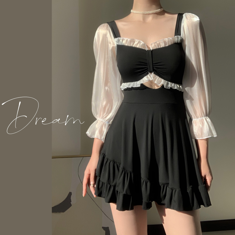 Ženski jednodijelni kupaći kostim s dugim rukavima, suknasti dizajn, jastučići za prsa, bez metalne potpore