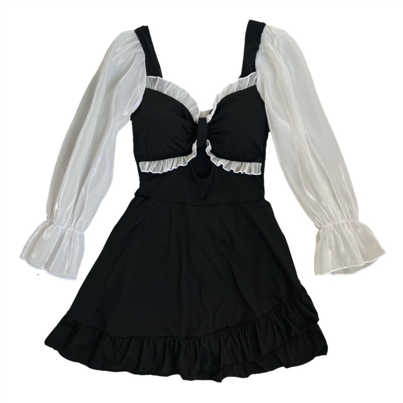 Ženski jednodijelni kupaći kostim s dugim rukavima, suknasti dizajn, jastučići za prsa, bez metalne potpore