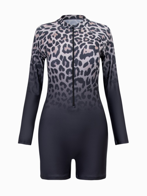 Ženski jednodijelni kupaći kostim s dugim rukavima, leopard uzorak; tkanina: najlon sa spandeksom 82%; podstava: 18% spandeksa.