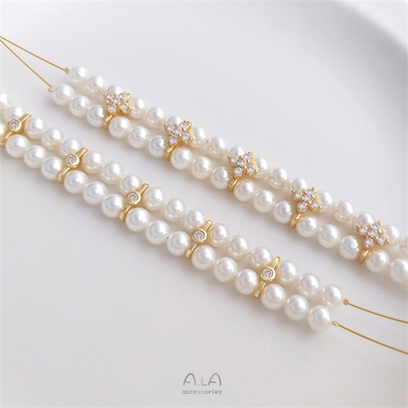 Mărgele spacer cu perle, în două rânduri, cu zirconiu încrustat, placate cu aur 14K pentru păstrarea culorii, accesorii pentru brățări și coliere