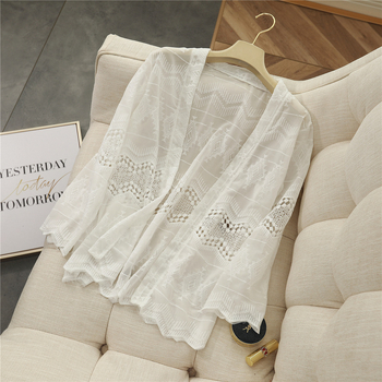 Napvédő strand kardigán csipke hímzéssel, pamut-keverék anyag, geometriai minta, laza szabás, 3/4-es ujjak