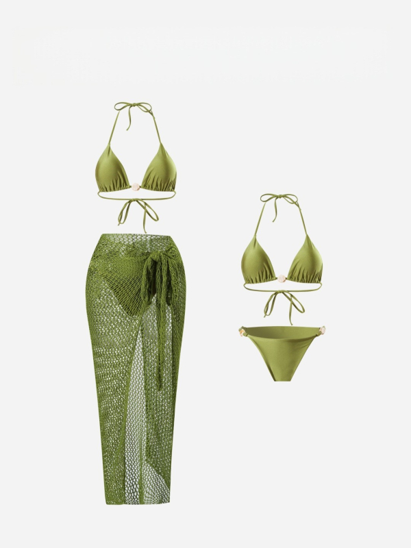 Bikini set s pletenim dugim cover-om za plažu, gornji dio s ojačalom bez podstave, poliester s podstavom, jednobojni dizajn, bez rukava
