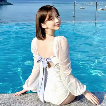 Costum de baie întreg cu mâneci lungi, bureți pentru bust și dantelă; culoare solidă, spate gol, sexy și mulat