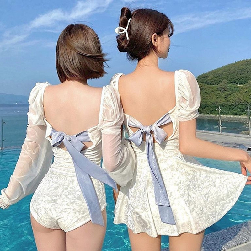 Costum de baie întreg cu mâneci lungi, bureți pentru bust și dantelă; culoare solidă, spate gol, sexy și mulat