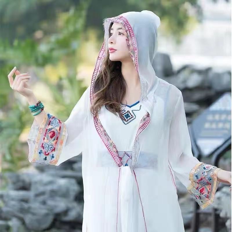 Chiffon kardigan s kapuljačom za žene, slobodan kroj, srednja duljina, rukavi 3/4, 80-90% poliester