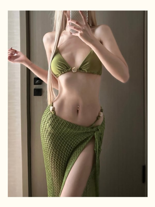 Bikini set s pletenom dugom haljinom za plažu, tri komada, bez rukava, otvorena leđa, brzo suši, s jastučićima za prsima