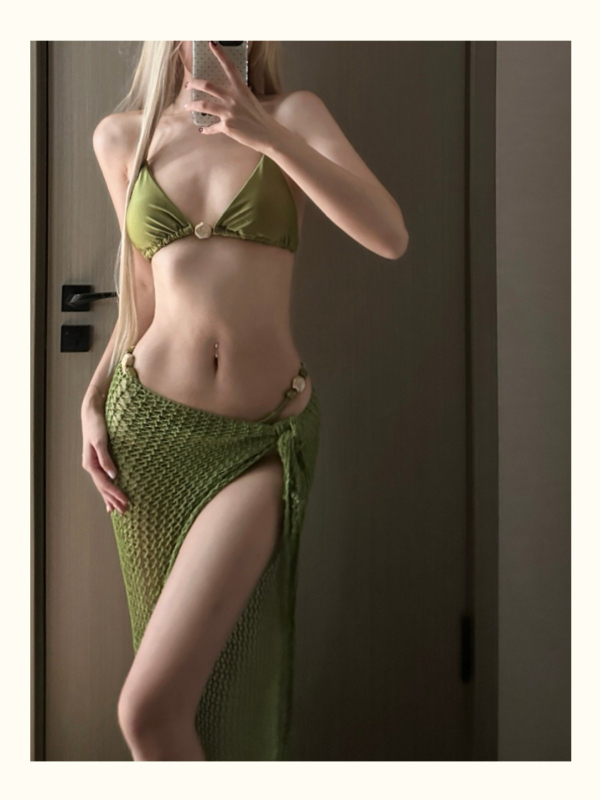 Bikini set s pletenom dugom haljinom za plažu, tri komada, bez rukava, otvorena leđa, brzo suši, s jastučićima za prsima