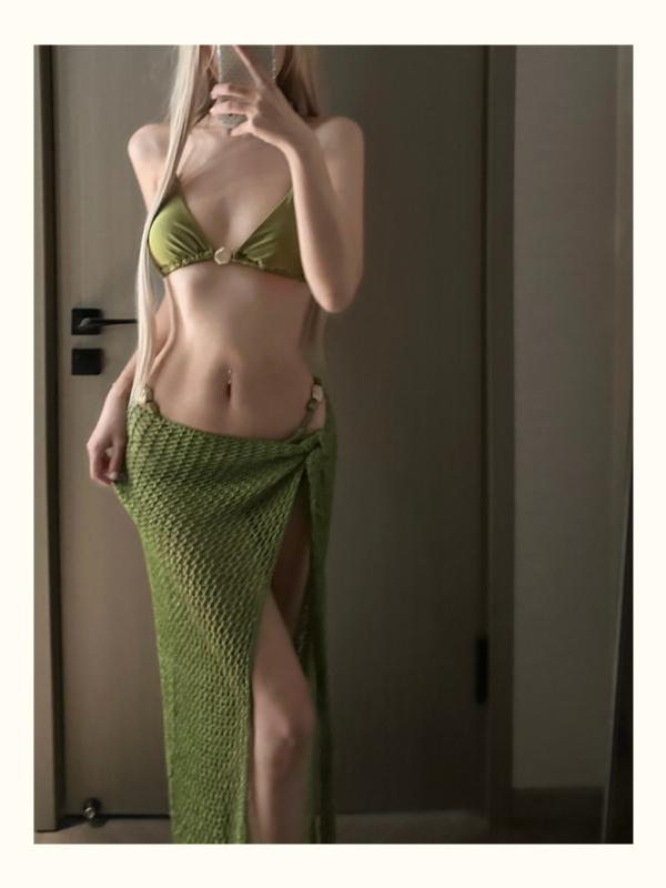 Bikini set s pletenom dugom haljinom za plažu, tri komada, bez rukava, otvorena leđa, brzo suši, s jastučićima za prsima