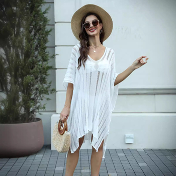 Szabadon eső hosszú strandruha, pamut-poliészter keverék, csíkos mintázat, fél-ujjú