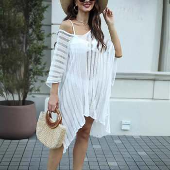 Szabadon eső hosszú strandruha, pamut-poliészter keverék, csíkos mintázat, fél-ujjú