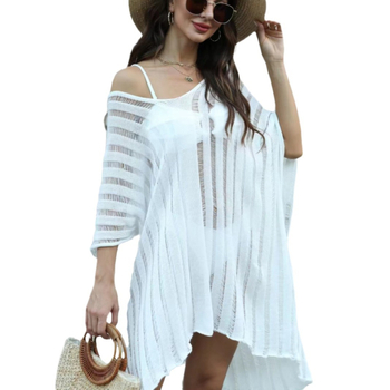 Szabadon eső hosszú strandruha, pamut-poliészter keverék, csíkos mintázat, fél-ujjú