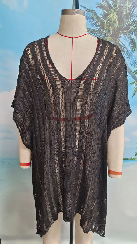 Szabadon eső hosszú strandruha, pamut-poliészter keverék, csíkos mintázat, fél-ujjú