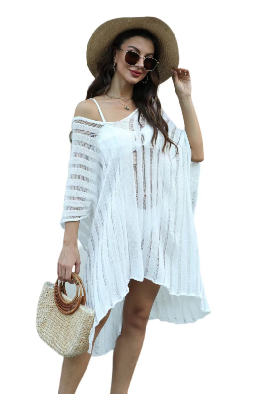 Szabadon eső hosszú strandruha, pamut-poliészter keverék, csíkos mintázat, fél-ujjú