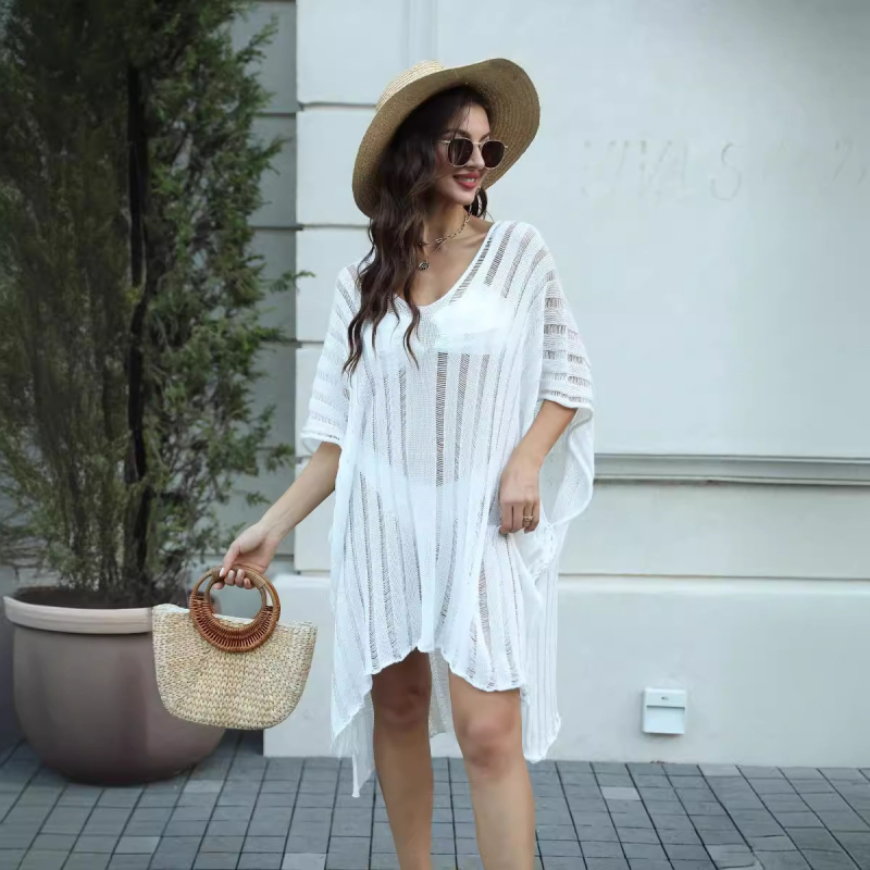 Szabadon eső hosszú strandruha, pamut-poliészter keverék, csíkos mintázat, fél-ujjú