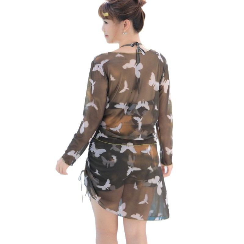 Női hosszú ujjú fürdőruha UV-védelemmel, tintás pillangó-mintával, acél támasztás, párnázás nélküli