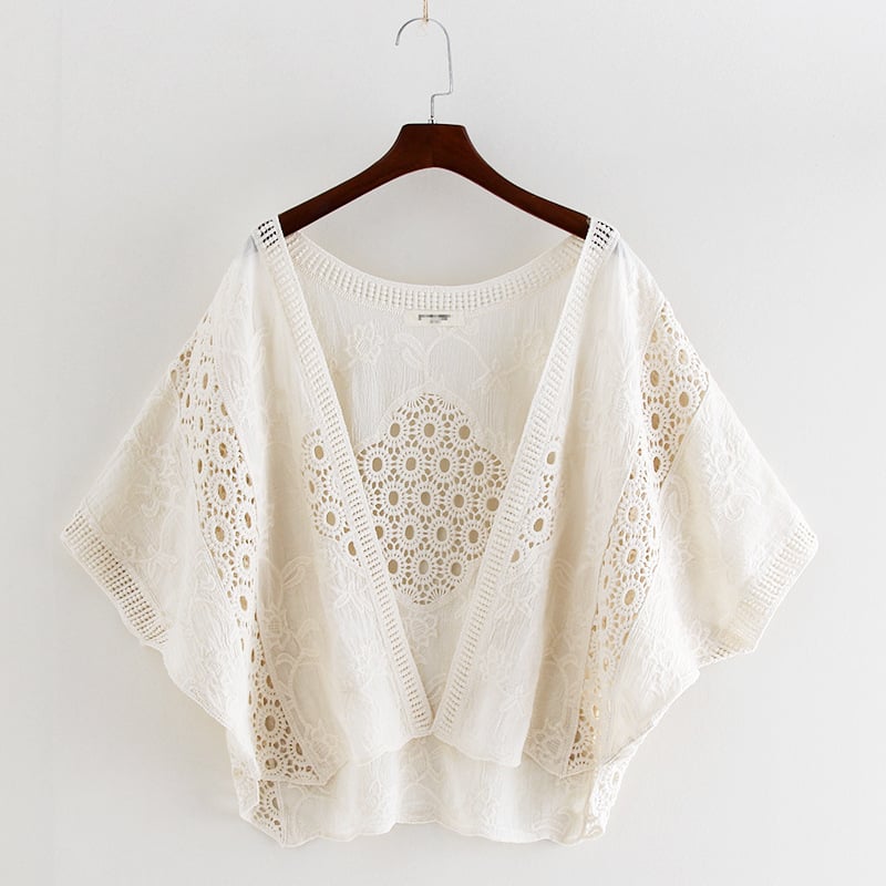 Pamut kardigán batwing ujjakkal, geometriai mintázat, Mori stílus, félkinyitott gallér