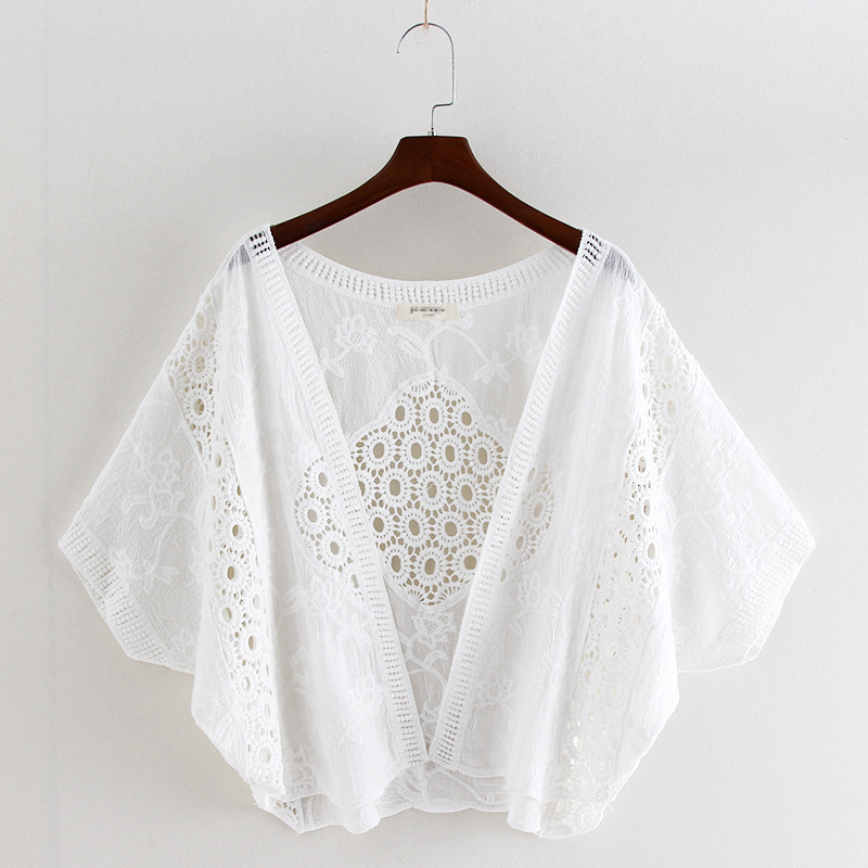 Pamut kardigán batwing ujjakkal, geometriai mintázat, Mori stílus, félkinyitott gallér