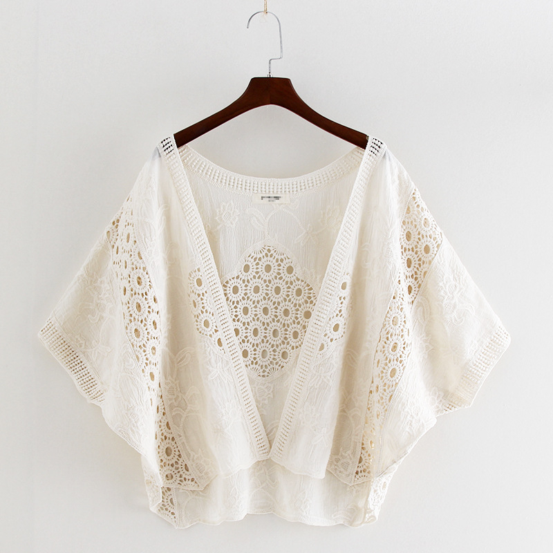 Pamut kardigán batwing ujjakkal, geometriai mintázat, Mori stílus, félkinyitott gallér