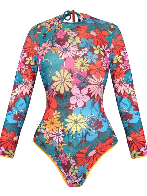 Női egyrészes fürdőruha hosszú ujjú, mellbetétekkel, mintával, rugalmas anyaggal (magas spandex-tartalom)