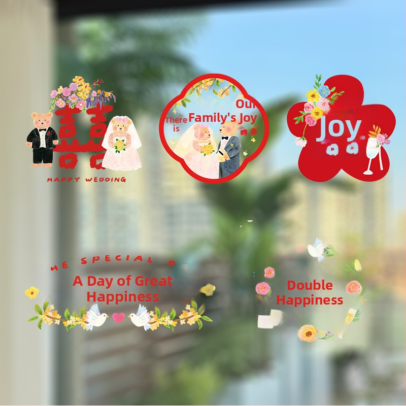 PVC svadobné dekorácie na okno s veselými slovami a ručne maľovanými medvedíkmi – statické nálepky na sklo