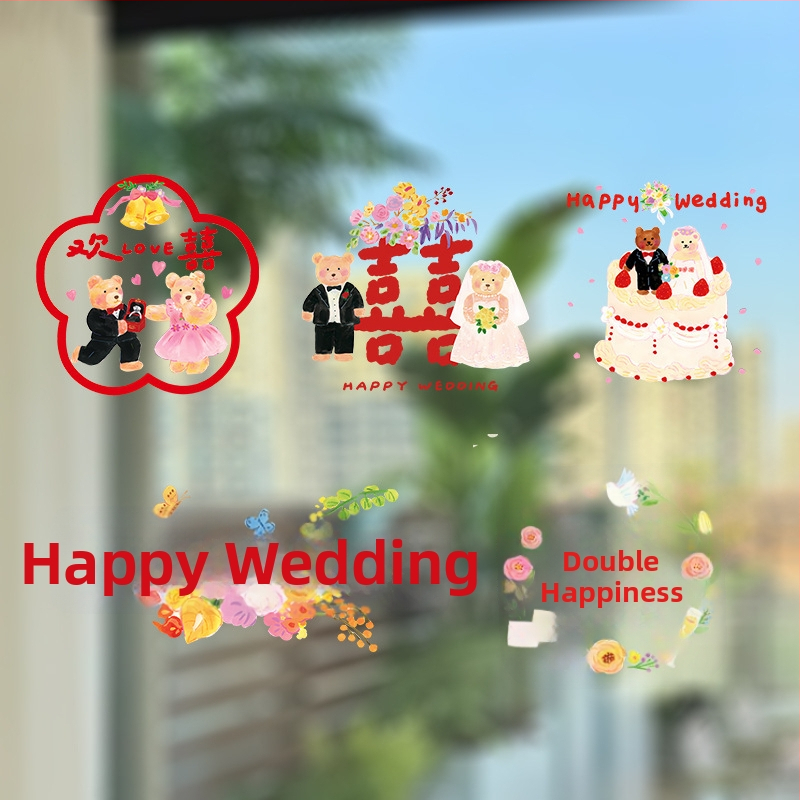 PVC svadobné dekorácie na okno s veselými slovami a ručne maľovanými medvedíkmi – statické nálepky na sklo
