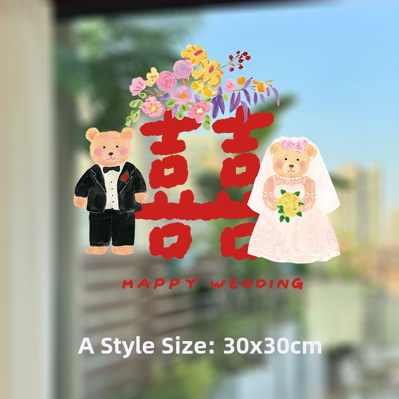 PVC svadobné dekorácie na okno s veselými slovami a ručne maľovanými medvedíkmi – statické nálepky na sklo