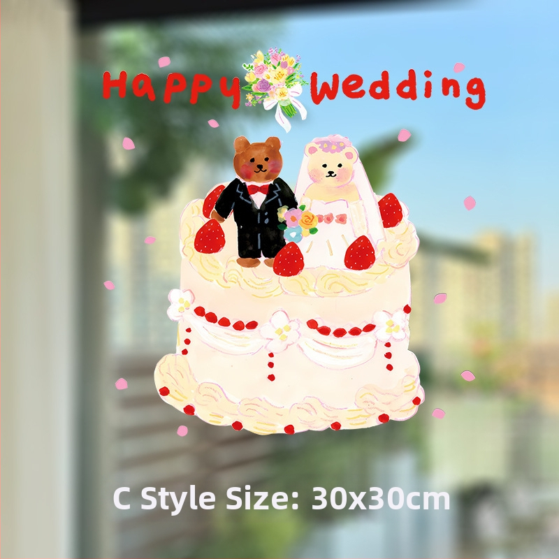 PVC svadobné dekorácie na okno s veselými slovami a ručne maľovanými medvedíkmi – statické nálepky na sklo