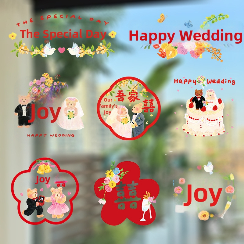 PVC svadobné dekorácie na okno s veselými slovami a ručne maľovanými medvedíkmi – statické nálepky na sklo