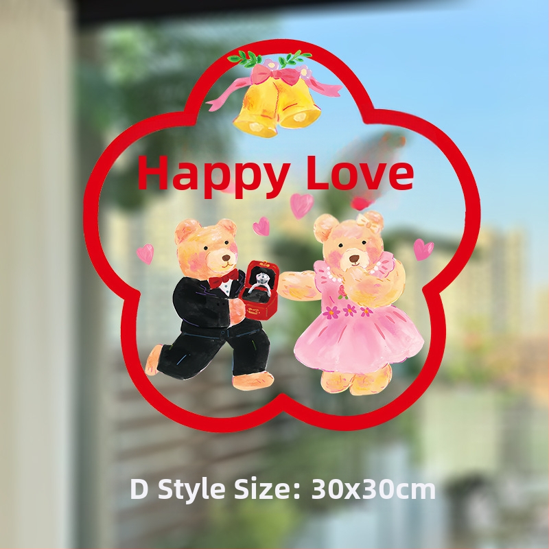PVC svadobné dekorácie na okno s veselými slovami a ručne maľovanými medvedíkmi – statické nálepky na sklo