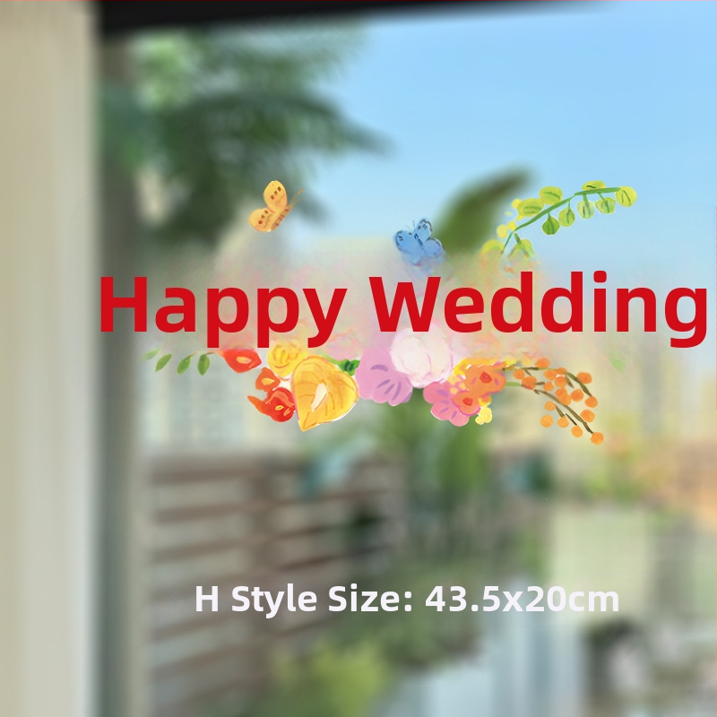 PVC svadobné dekorácie na okno s veselými slovami a ručne maľovanými medvedíkmi – statické nálepky na sklo