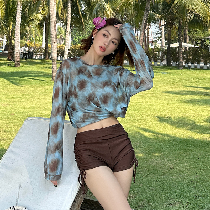 Plus size kupaći set u korejskom stilu, 3-dijelni s dugim rukavima za UV zaštitu, visoki struk, gradientni uzorak; najlon s poliester navlakom i 5% spandeksa; jastučići za prsa, bez čelične potpore.