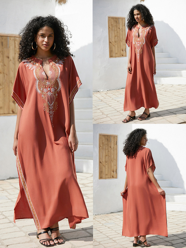 Női viszkóz strandruha hímzett, pamut bélés, lazán szabott