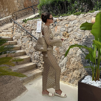 Rochie de plajă pentru acoperire bikini – tricotată, model decupat în spate, bretele, mâneci lungi, rochie lungă; material: amestec de bumbac, căptușeală 100% poliester; greutate 200 g; marcă Xanyee/Cicada