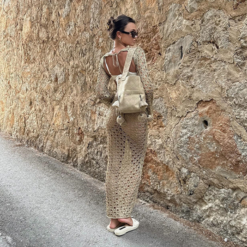 Rochie de plajă pentru acoperire bikini – tricotată, model decupat în spate, bretele, mâneci lungi, rochie lungă; material: amestec de bumbac, căptușeală 100% poliester; greutate 200 g; marcă Xanyee/Cicada