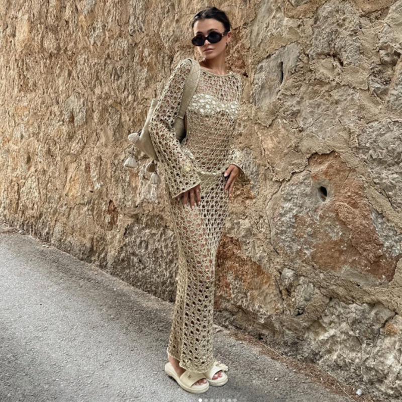 Rochie de plajă pentru acoperire bikini – tricotată, model decupat în spate, bretele, mâneci lungi, rochie lungă; material: amestec de bumbac, căptușeală 100% poliester; greutate 200 g; marcă Xanyee/Cicada