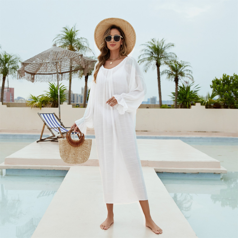 Kaftan bikini cover-up s okruglim izrezom i dubokim V leđima — Slub pamuk, 95% poliester, 238 g, proljeće 2025, plážna odjeća za žene