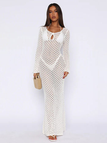 Rochie de plajă tricotată cu decupaj, mâneci lungi, material amestec din bumbac, căptușită poliester, 350 g