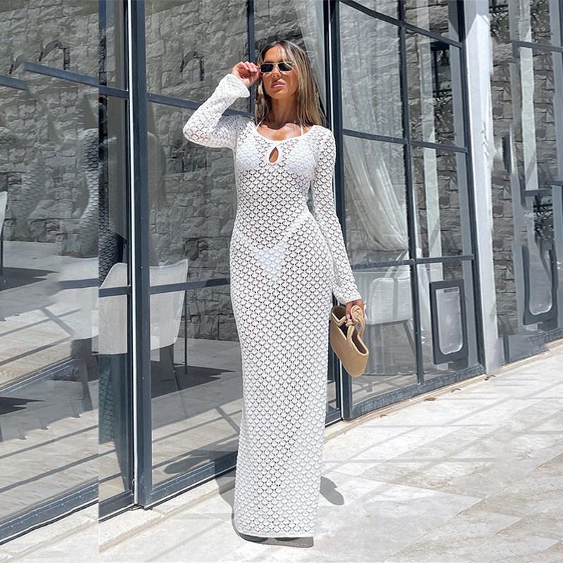 Rochie de plajă tricotată cu decupaj, mâneci lungi, material amestec din bumbac, căptușită poliester, 350 g