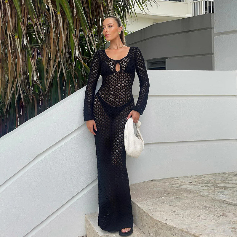 Rochie de plajă tricotată cu decupaj, mâneci lungi, material amestec din bumbac, căptușită poliester, 350 g